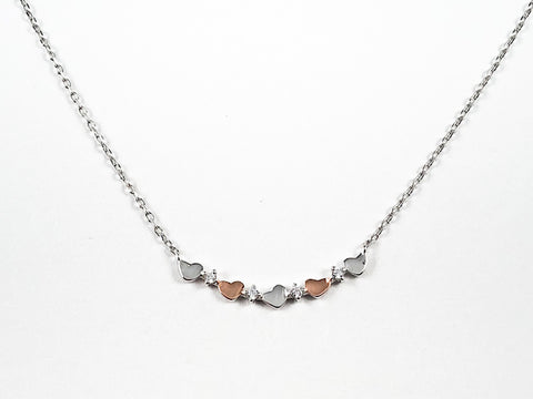 Dainty Cute Micro Two Tone Hearts Design Bar Silver Necklace