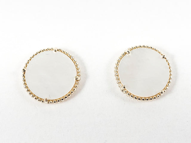 Beautiful Elegant Round Mother Of Pearl Disc Gold Tone Brass Earrings