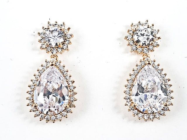 Beautiful Round & Pear Shaped Dangle CZ Gold Tone Brass Earrings