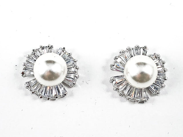 Beautiful Baguette CZ Setting Mix Shape Frame With Center Pearl Brass Earrings