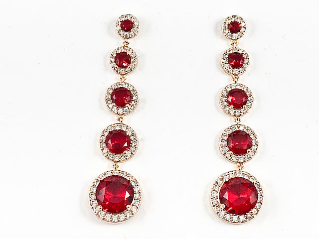 Beautiful 5 Row Mix Size Round Red Color Center CZ Dangle Gold Tone Brass Earrings