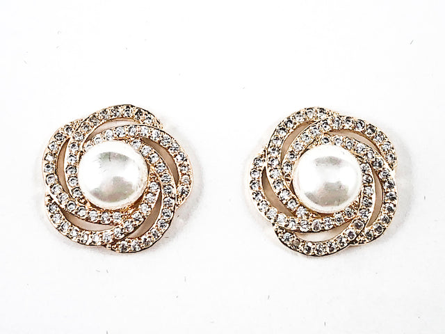 Beautiful Swirl CZ Frame With Center Pearl Gold Tone Brass Stud Earrings