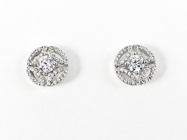 Classic Round Shape Center CZ Unique Open Frame Design Brass Earring