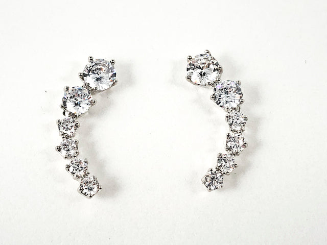 Elegant Curved Form Round CZ Big To Small Drop Pattern Stud Brass Earrings.