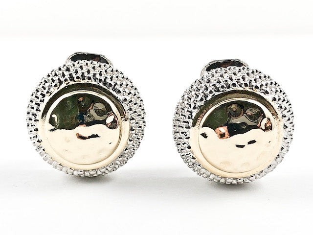 Modern Thick Round Center Hammered Design Gold Tone Disc Two Tone Brass Clip On Earrings