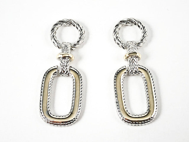 Modern Round Wire & Rectangle Shape Dangle Two Tone Brass Earrings