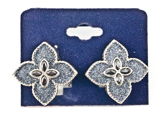 Beautiful Flower Shape Form Dark Silver Glitter Style Gold Tone Brass Clip On Earrings