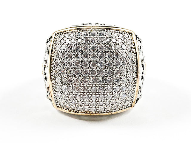 Beautiful Micro Pave Style Square Shape With Vintage Design Side Band Two Tone Brass Ring