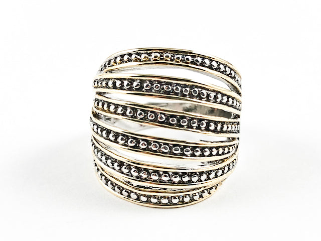 Beautiful Multi Row Micro Bead Open Two Tone Style Brass Ring