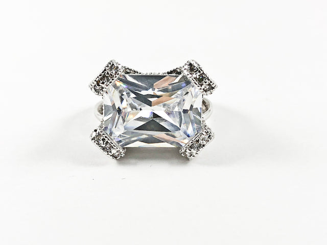 Beautiful Large Center Rectangle CZ With Classic CZ Prong Style Frame Brass Ring