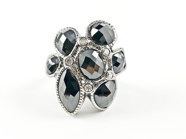 Unique Black Mix CZ Shape Floral Form Design Black Rhodium Tone Brass Ring