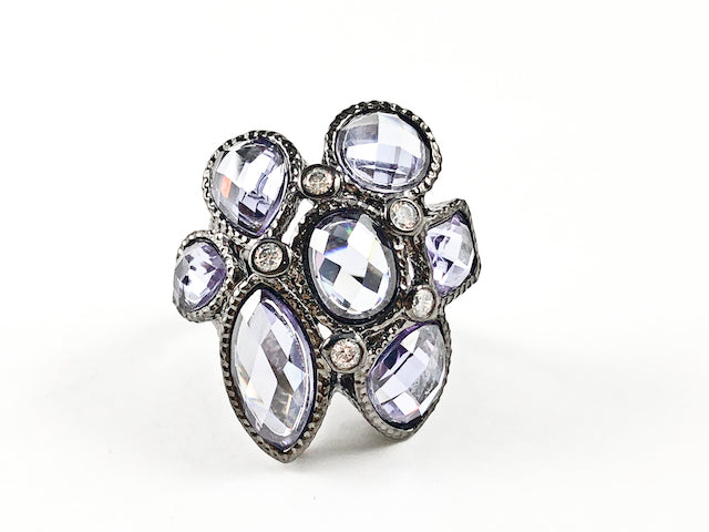 Unique Light Purple Mix CZ Shape Floral Form Design Black Rhodium Tone Brass Ring