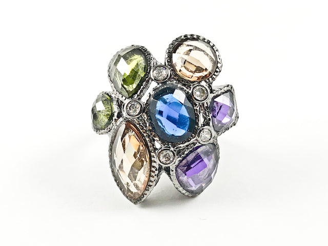 Unique Multi Color Mix CZ Shape Floral Form Design Black Rhodium Tone Brass Ring