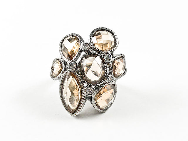 Unique Topaz Color Mix CZ Shape Floral Form Design Black Rhodium Tone Brass Ring