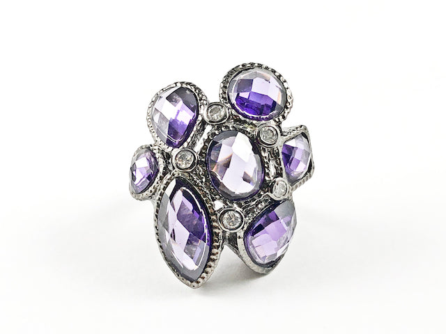 Unique Purple Mix CZ Shape Floral Form Design Black Rhodium Tone Brass Ring