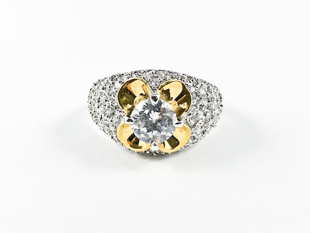 Beautiful Micro CZ With Center Yellow Color Flower Frame & CZ Brass Ring