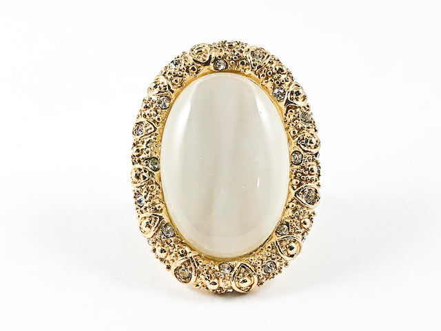 Antique Style Large Oval Shape Center Moon Stone Yellow Gold Tone Steel Ring