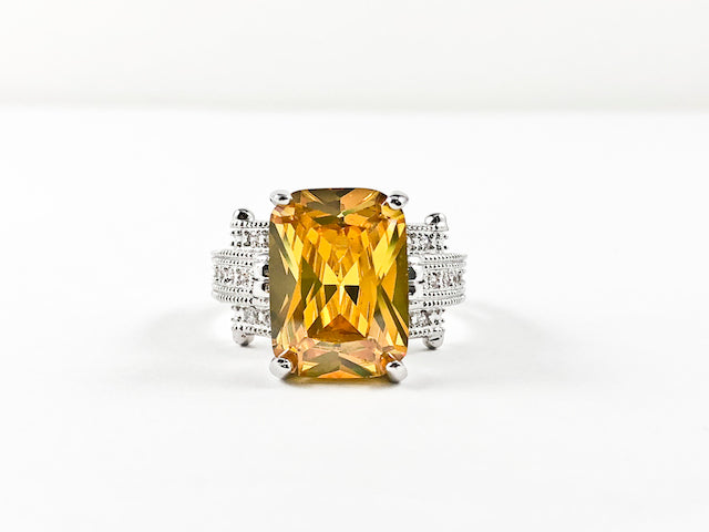 Classic Trillion Style Center Rectangle Shape Yellow CZ Brass Ring