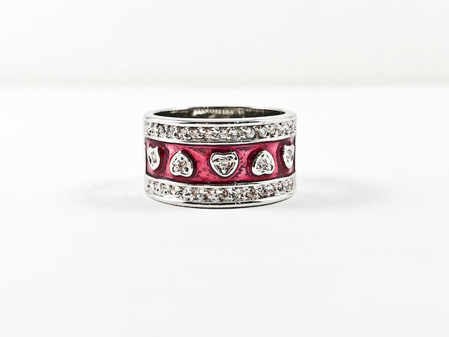 Modern Multi Row Center Red Enamel With Multi Hear CZ Design Brass Band Ring