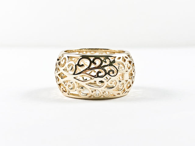 Beautiful Vintage Filigree Gold Tone Thick Eternity Band Brass Ring