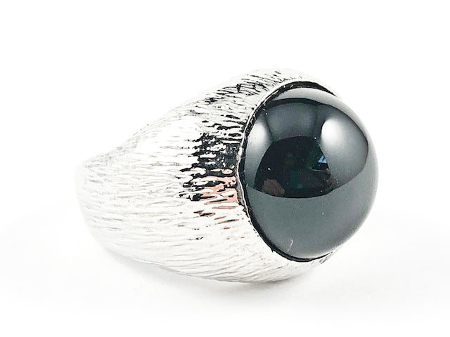 Unique Half Round Single Center Black Onyx Stone Textured Band Brass Ring