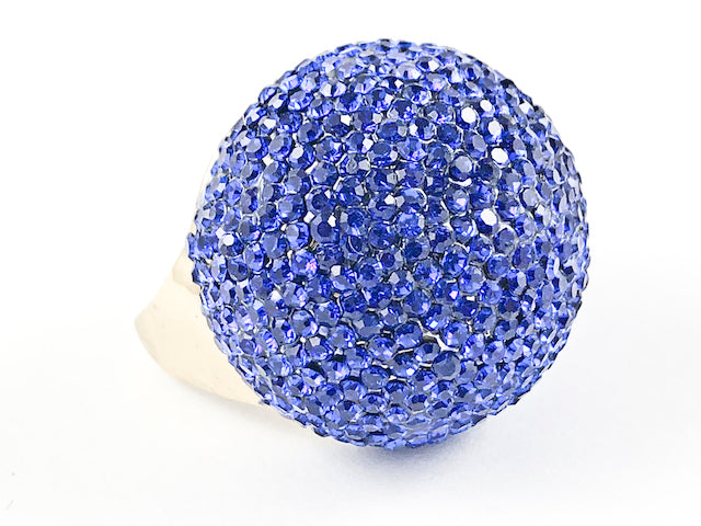 Fancy Large Dome Shape Form Micro Blue Color Crystals Setting Gold Tone Fashion Ring