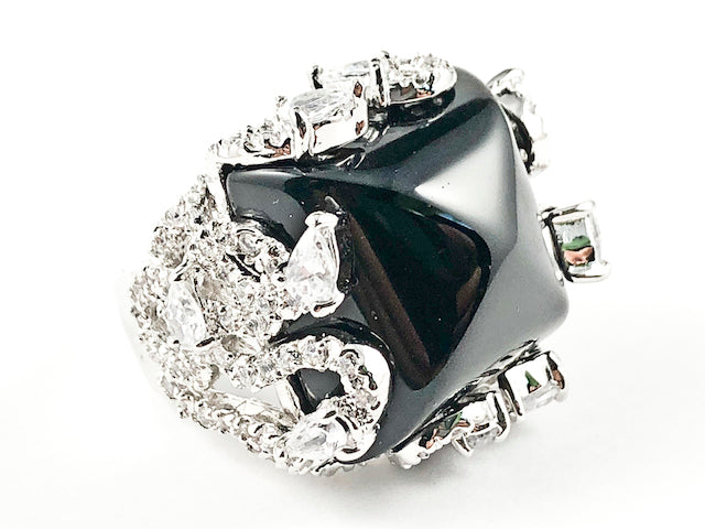 Unique Large Square Shape Center Black Stone Vintage CZ Design Brass Ring