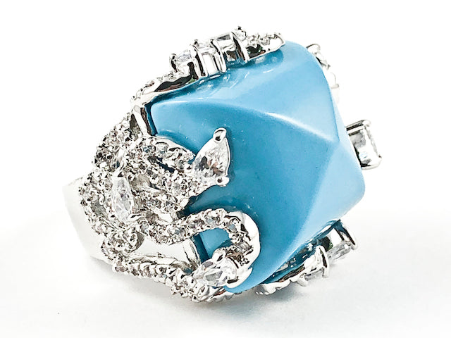 Unique Large Square Shape Center Turquoise Stone Vintage CZ Design Brass Ring