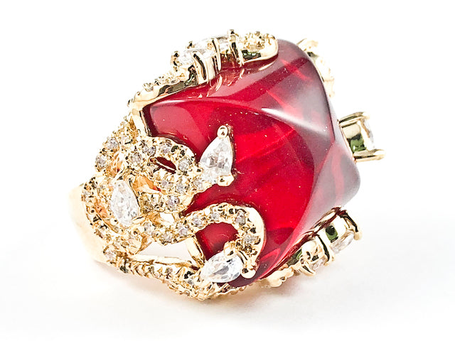 Unique Large Square Shape Center Red Stone Vintage CZ Design Gold Tone Brass Ring