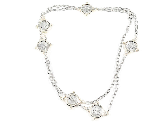 Unique Vintage Silver Tone Coin Post Charms Long Two Tone Style Brass Necklace