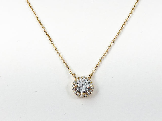 Classic Round Halo Design CZ Pendant Gold Tone Brass Necklace