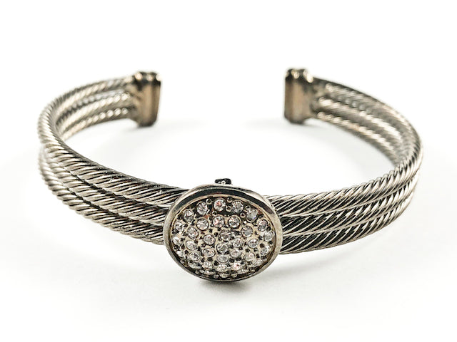 Modern Thick Multi Row Wire Texture Band With Center Round CZ Disc Black Rhodium Tone Brass Cuff Bangle