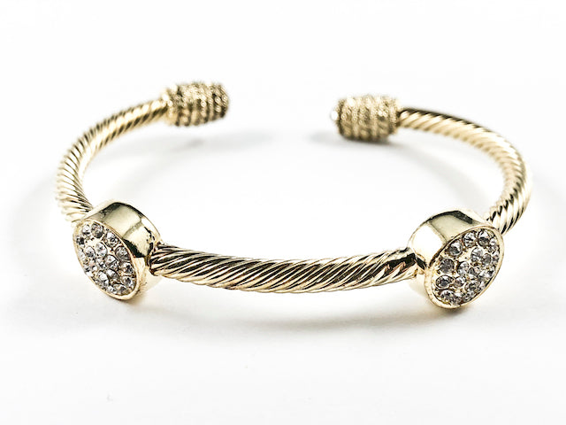 Nice Wire Texture Band With Round Crystal Design Disc Gold Tone Brass Cuff Bangle