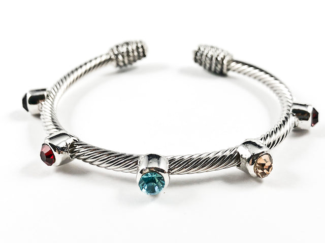 Modern Wire Texture Band With Big Multi Color Crystal Setting Design Brass Cuff Bangle