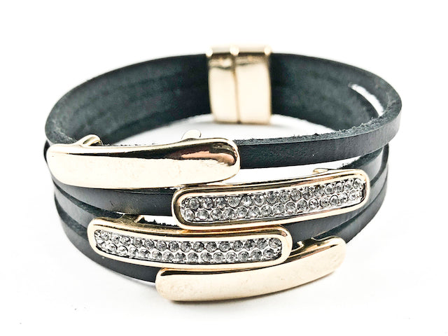 Modern Multi Row & Strand CZ & Shiny Metallic Bars Leather Magnetic Brass Bracelet