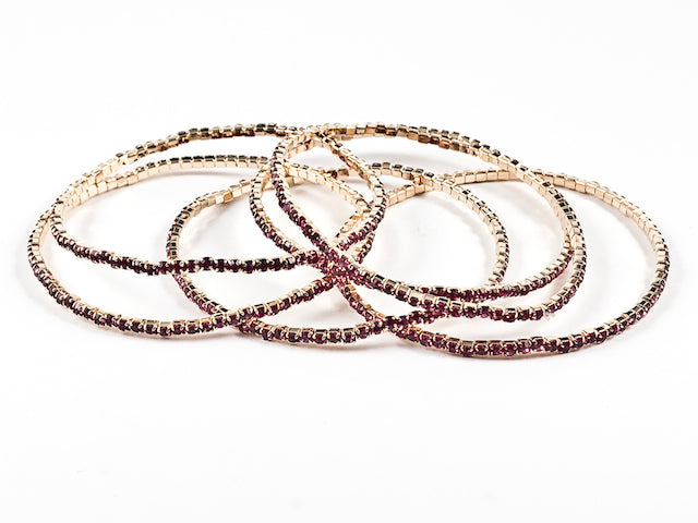 Nice 6 Piece Single Row Fuchsia Crystal Gold Tone Stretch Fashion Bracelet