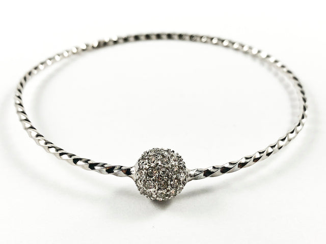 Elegant Textured Thin Shiny Metallic Band With Center Micro Setting Crystal Ball Fashion Bangle