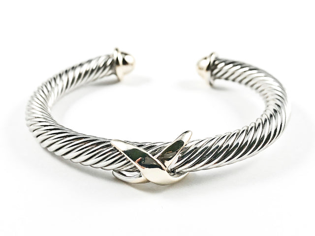 Nice Thick Wire Texture Band With Gold Tone Center X Mark & End Caps Brass Bangle