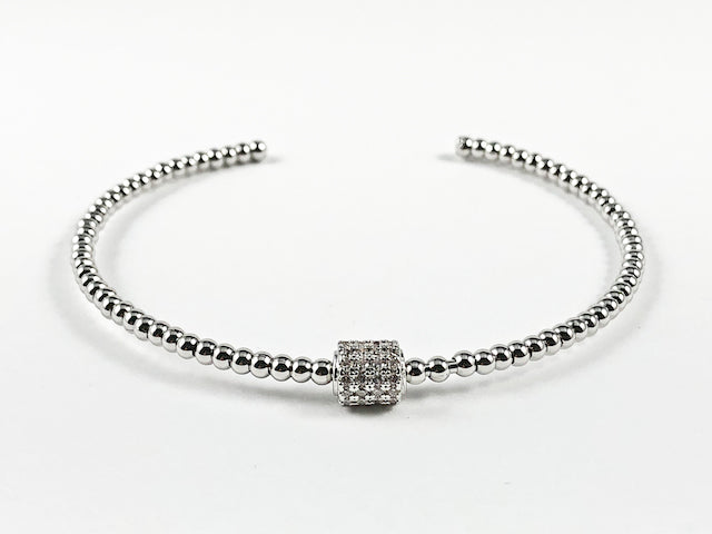 Elegant Center Cylinder Pave CZ Bar Thin Beaded Brass Cuff Bangle