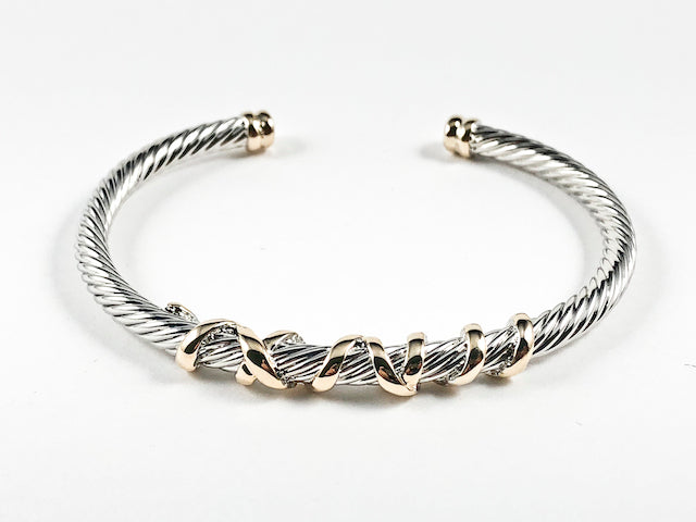 Elegant Cable Wire Band Gold Tone Open Spiral Design Two Tone Brass Cuff Bangle