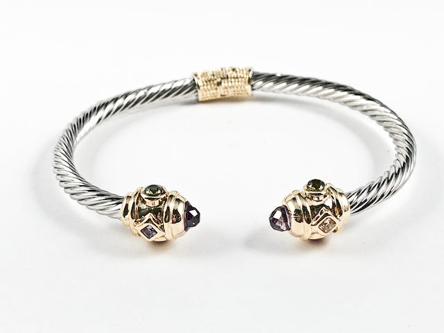 Vintage Wire Band With Multi Color CZ & Gold Tone Duo Frame Ends Hinge Back Two Tone Brass Cuff Bangle