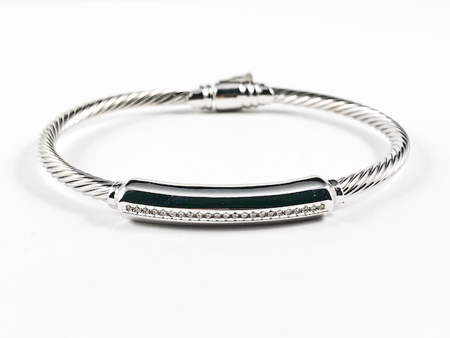 Modern Wire Band With Center Elegant CZ Bar Safe Lock Clasp Brass Bracelet Bangle