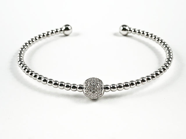 Beautiful Bead Texture Band With Center Pave CZ Ball Charm Brass Cuff Bangle