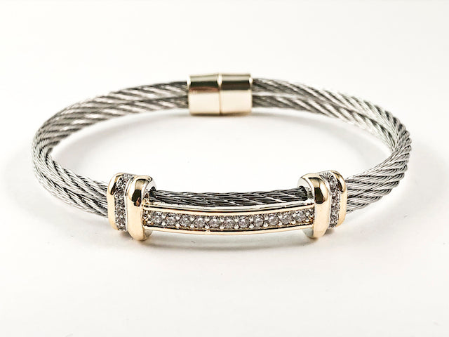 Modern Double Row Wire Band  Center CZ Bar Two Tone Magnetic Brass Bracelet Bangle