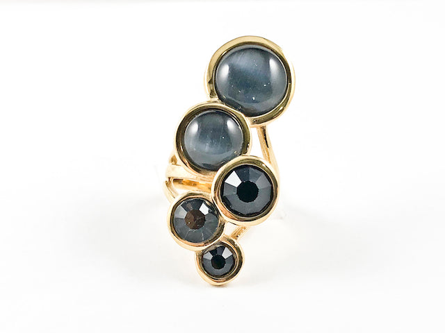 Unique Long Multi Round Disc Black Color Stones Design Gold Tone Steel Ring