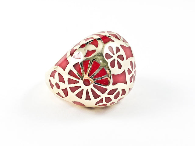 Beautiful Dome Shape Red Color Unique Gold Tone circular Design Pattern Steel Ring