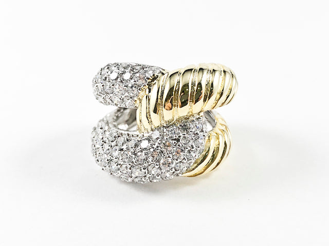 Modern Thick Crossover Design CZ & Shiny Metallic Gold Tone Steel Ring