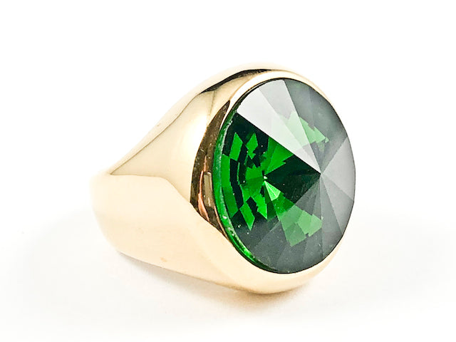 Nice Sharp Round Cut Center Green Color CZ Gold Tone Steel Ring