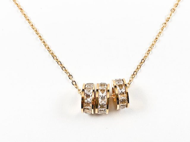 Beautiful Dainty 3 Piece Round Cylinder Pendant Charms Gold Tone Steel Necklace