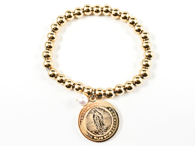 Nice Shiny Metallic Beads With Religious Our Lady Dangling Charm Gold Tone Stretch Steel Bracelet